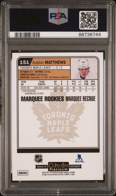 2016 Upper Deck O-Pee-Chee Auston Matthews PSA 9