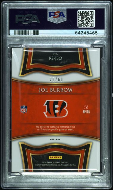 2020 Panini Select Joe Burrow Rookie Swatches Prizm White /60 PSA 9