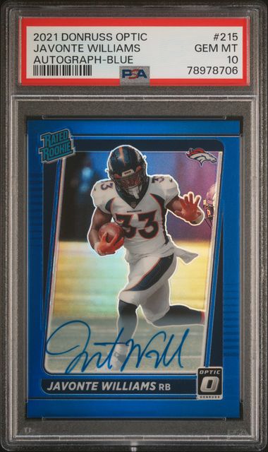 2021 Donruss Optic Javonte Williams Autograph Blue /99 PSA 10