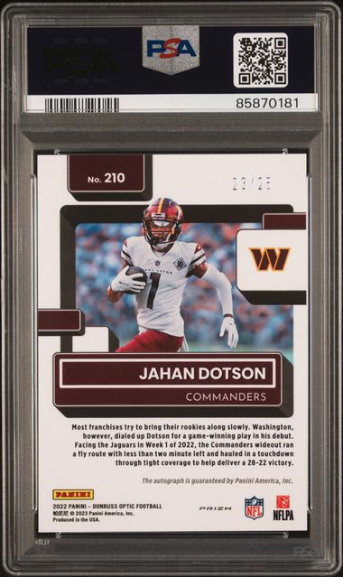 2022 Donruss Optic Jahan Dotson Auto Black Pandora /25 PSA 10