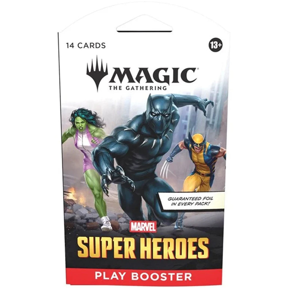 Pack of 'Magic: The Gathering' Marvel Super Heroes play booster with characters on a white background